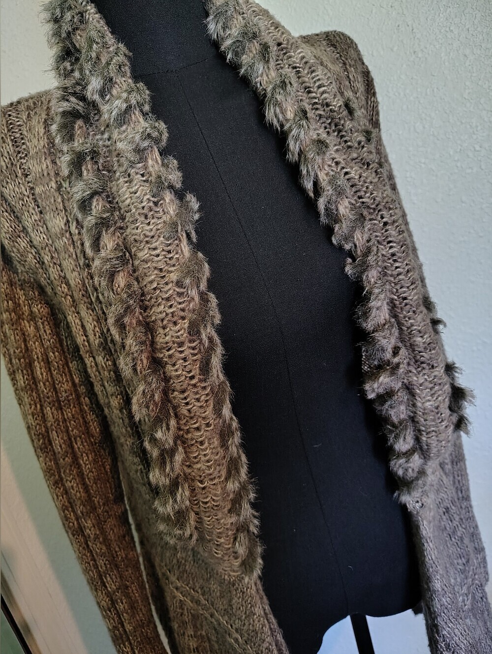 RXB Brown Wool Blend Faux-Fur Trim Belted Boho Cardigan Sweater Women Teen Large - Picture 4 of 13